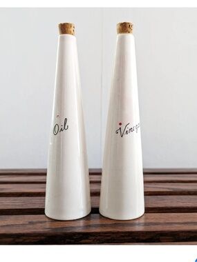 Vintage Oil Vinegar Bottles MCM White Ceramic Cork Stoppers Lot of Two
